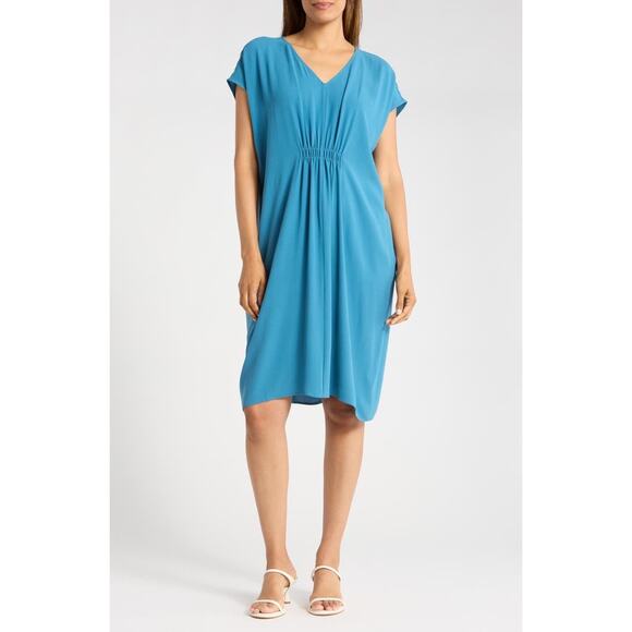 Eileen Fisher Women's 100% Silk V-Neck Relaxed Kaftan Dress Blue Size XL NWT - Picture 1 of 13